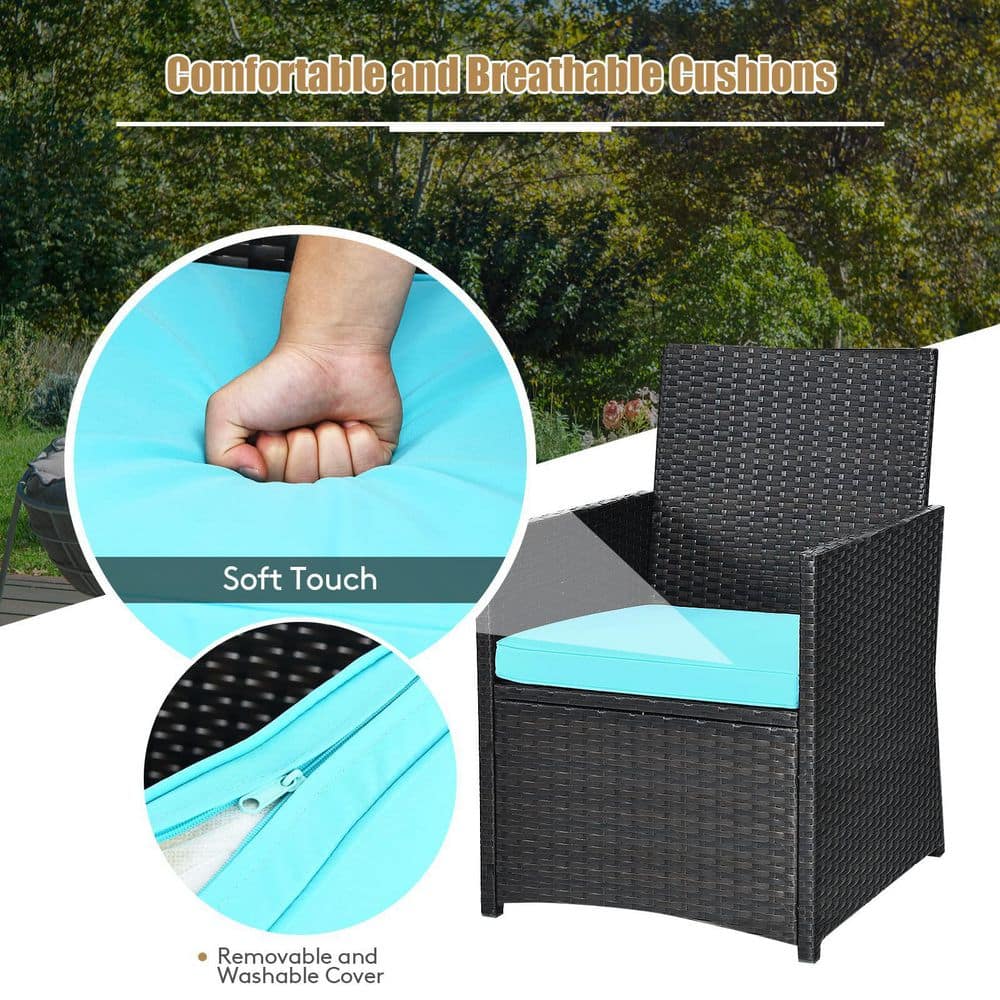 3-Piece Black Wicker Patio Conversation Set with Turquoise Cushions and Sofa Armrest