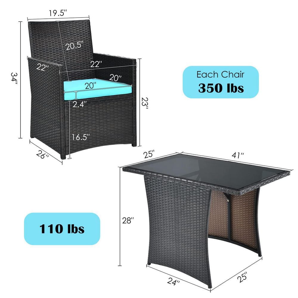 3-Piece Black Wicker Patio Conversation Set with Turquoise Cushions and Sofa Armrest