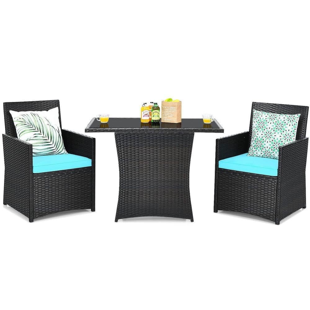 3-Piece Black Wicker Patio Conversation Set with Turquoise Cushions and Sofa Armrest