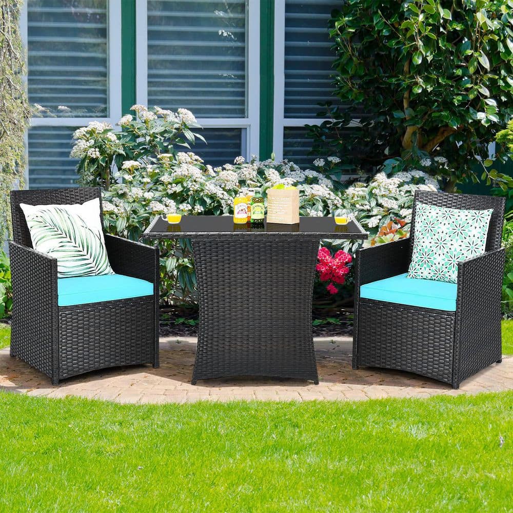 3-Piece Black Wicker Patio Conversation Set with Turquoise Cushions and Sofa Armrest