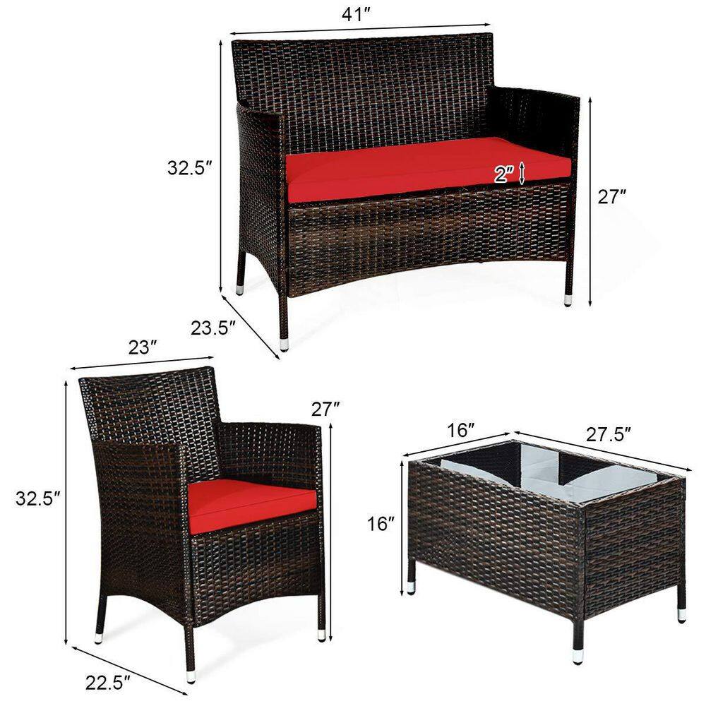4-Piece Wicker Patio Conversation Set with Red Cushions