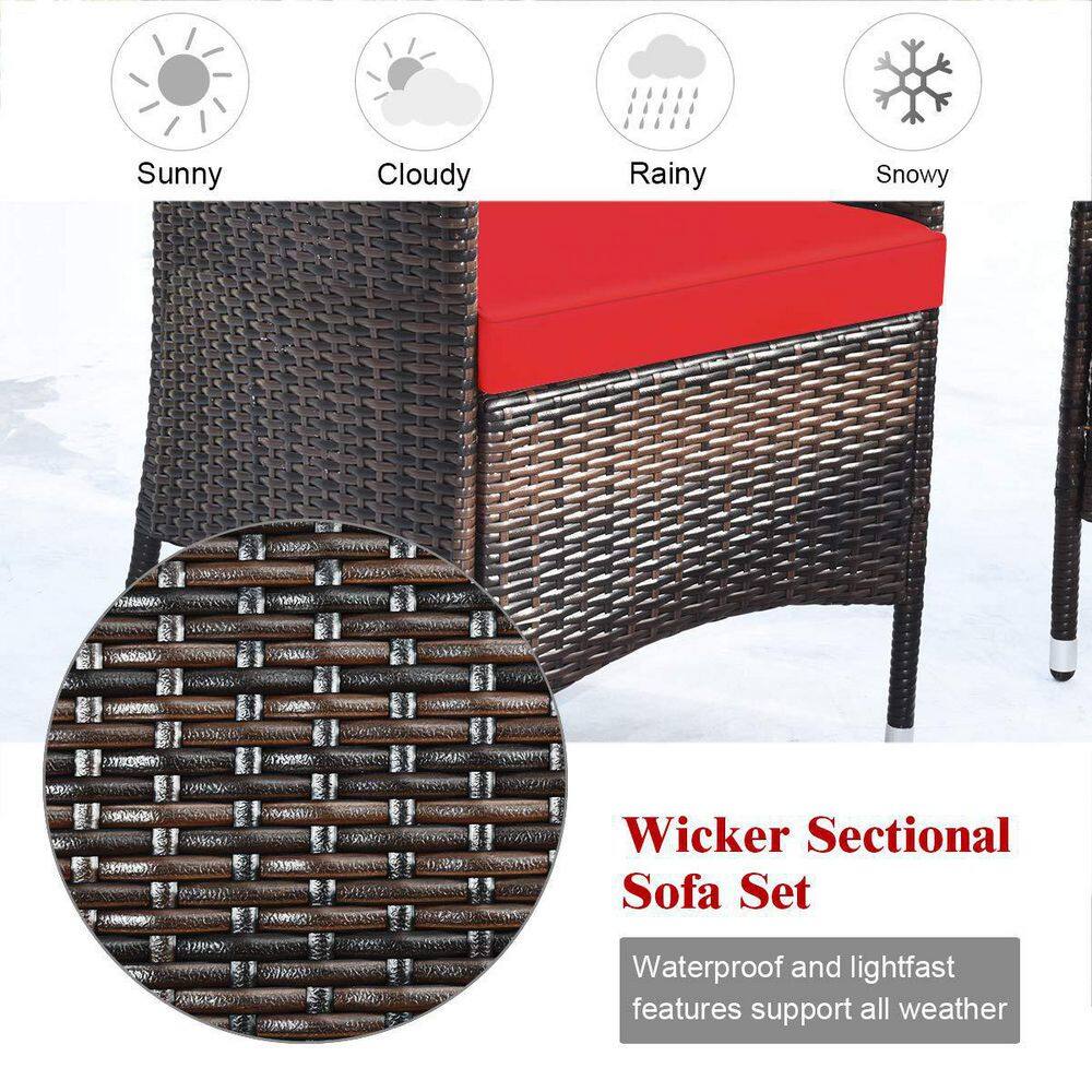 4-Piece Wicker Patio Conversation Set with Red Cushions