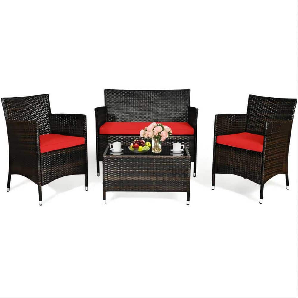4-Piece Wicker Patio Conversation Set with Red Cushions