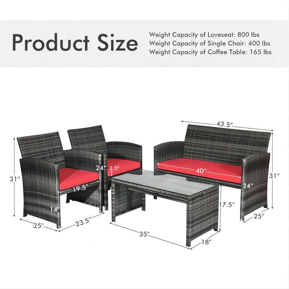 Mixed Grey 4-Piece Wicker Patio Conversation Set with Red Cushions