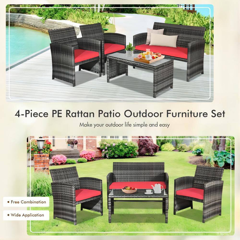 Mixed Grey 4-Piece Wicker Patio Conversation Set with Red Cushions