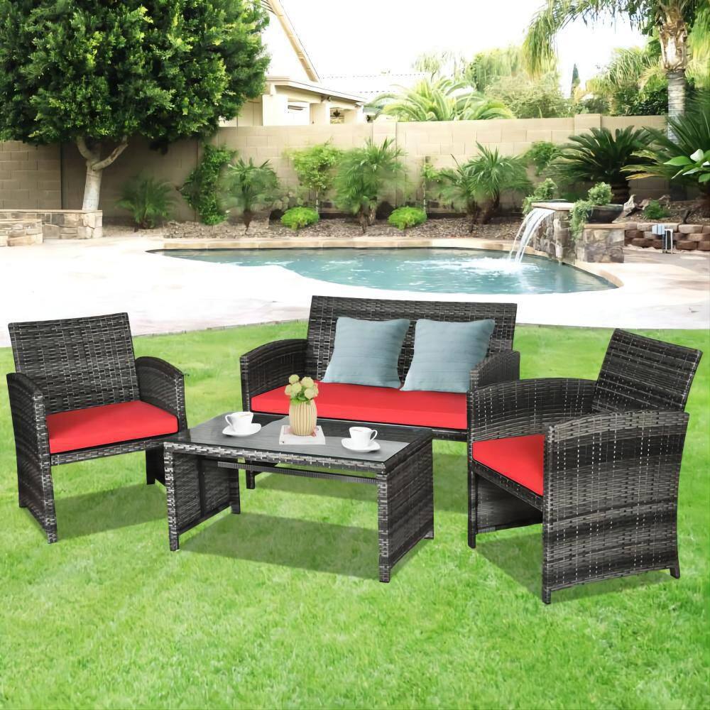 Mixed Grey 4-Piece Wicker Patio Conversation Set with Red Cushions
