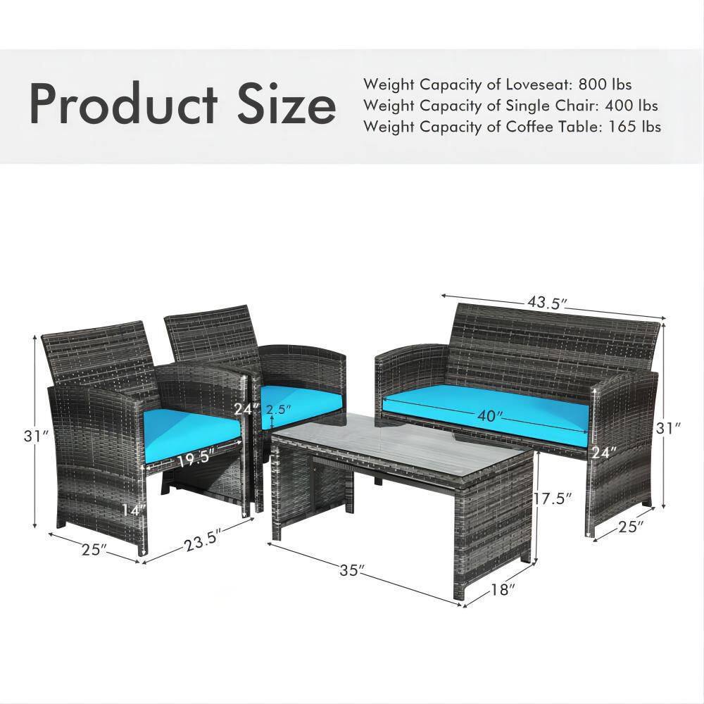 Mixed Grey 4-Piece Wicker Patio Conversation Set with Turquoise Cushions