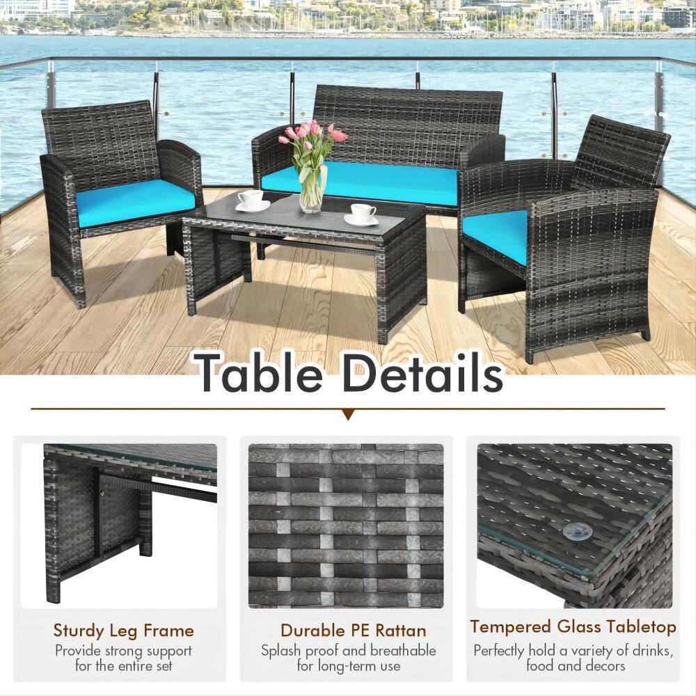 Mixed Grey 4-Piece Wicker Patio Conversation Set with Turquoise Cushions