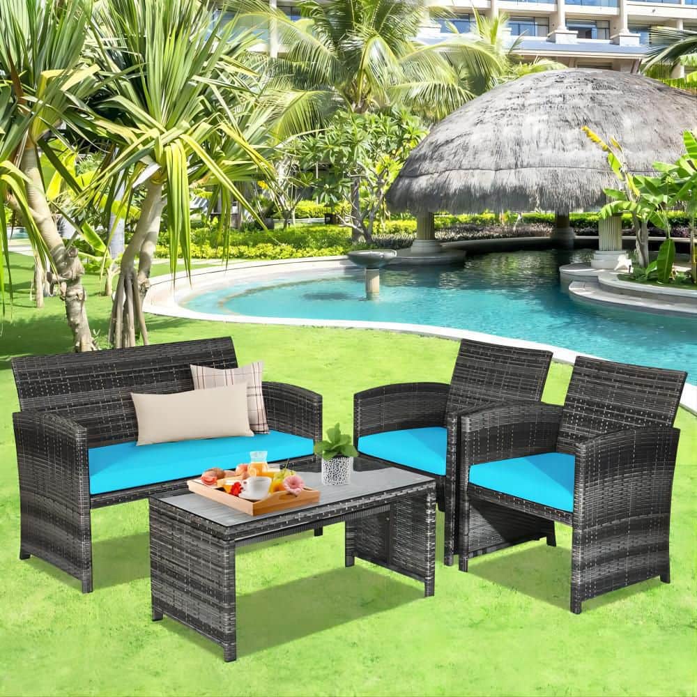 Mixed Grey 4-Piece Wicker Patio Conversation Set with Turquoise Cushions