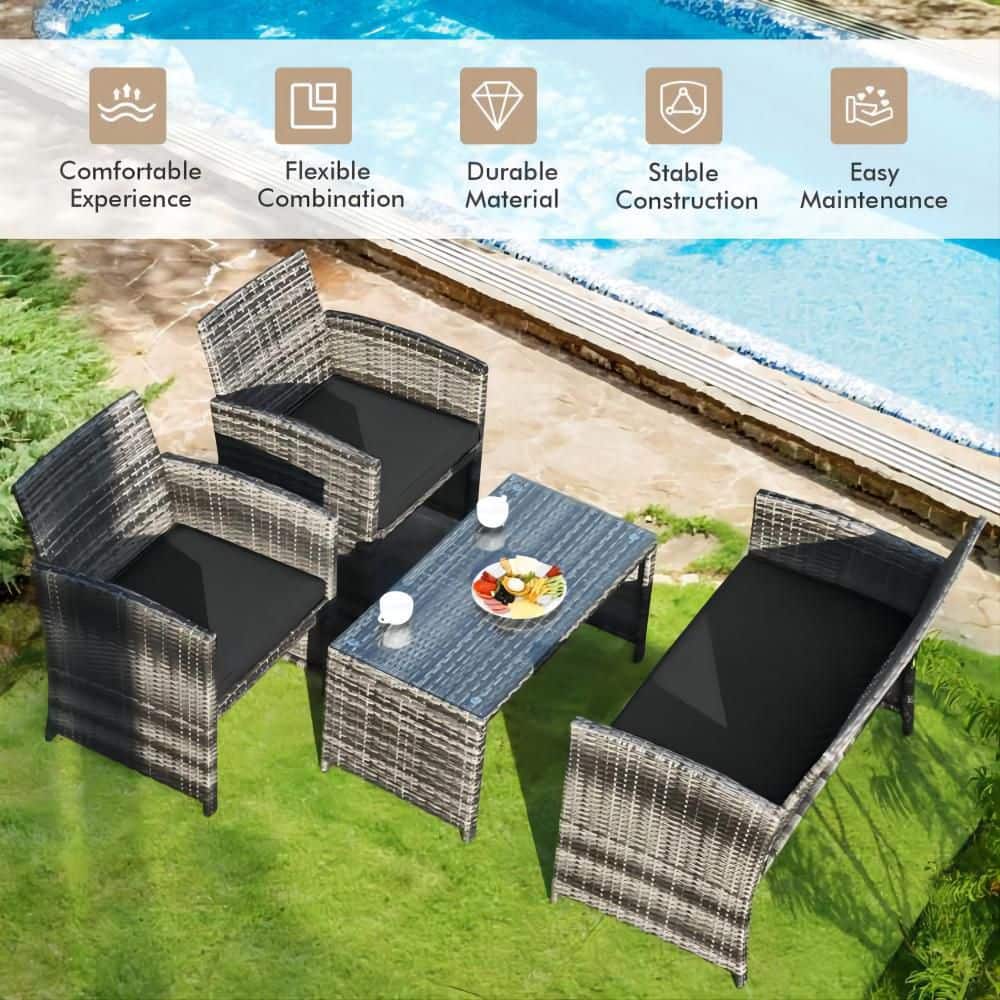 Mixed Grey 4-Piece Wicker Patio Conversation Set with Black Cushions