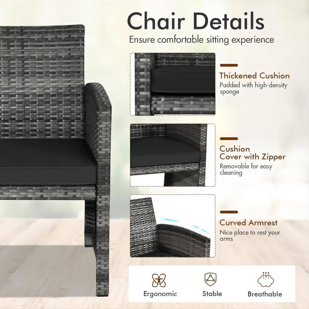 Mixed Grey 4-Piece Wicker Patio Conversation Set with Black Cushions