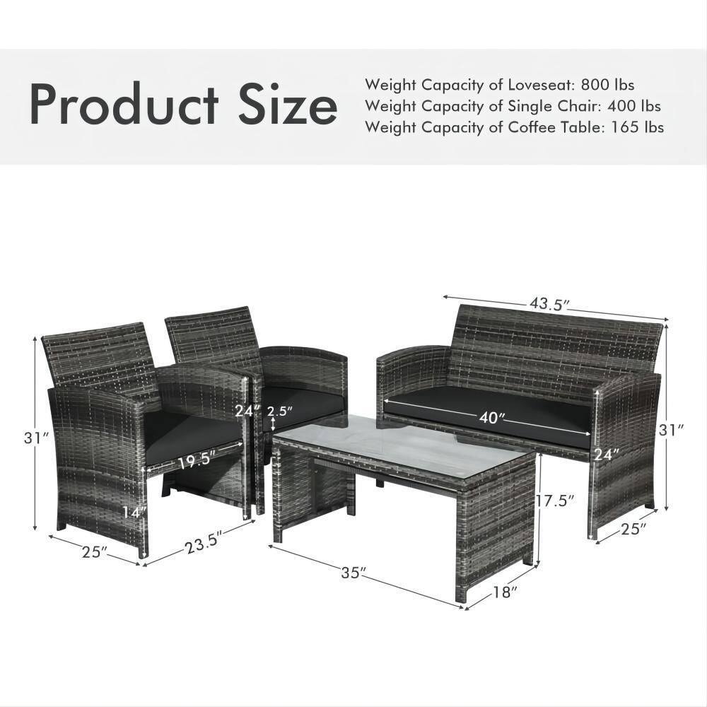 Mixed Grey 4-Piece Wicker Patio Conversation Set with Black Cushions