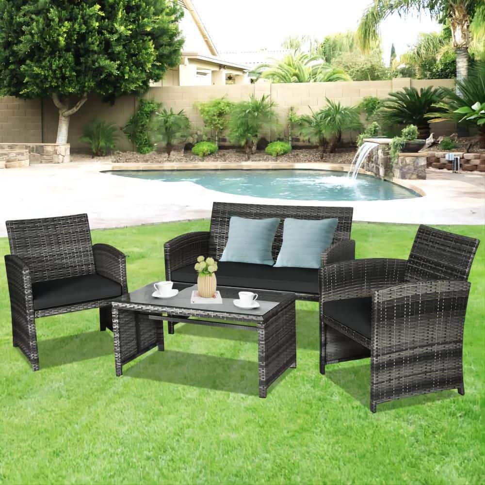 Mixed Grey 4-Piece Wicker Patio Conversation Set with Black Cushions