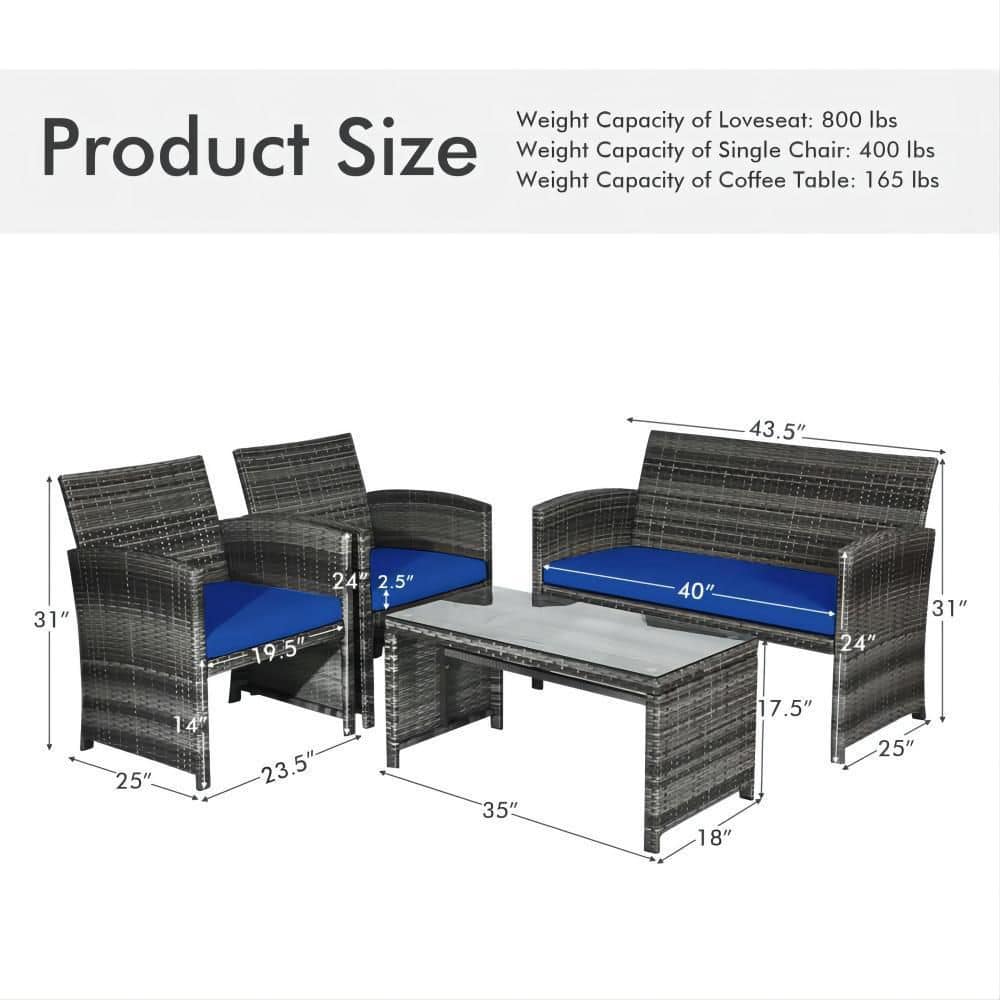 Mixed Grey 4-Piece Wicker Patio Conversation Set with Navy Blue Cushions