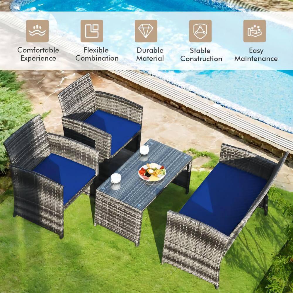 Mixed Grey 4-Piece Wicker Patio Conversation Set with Navy Blue Cushions