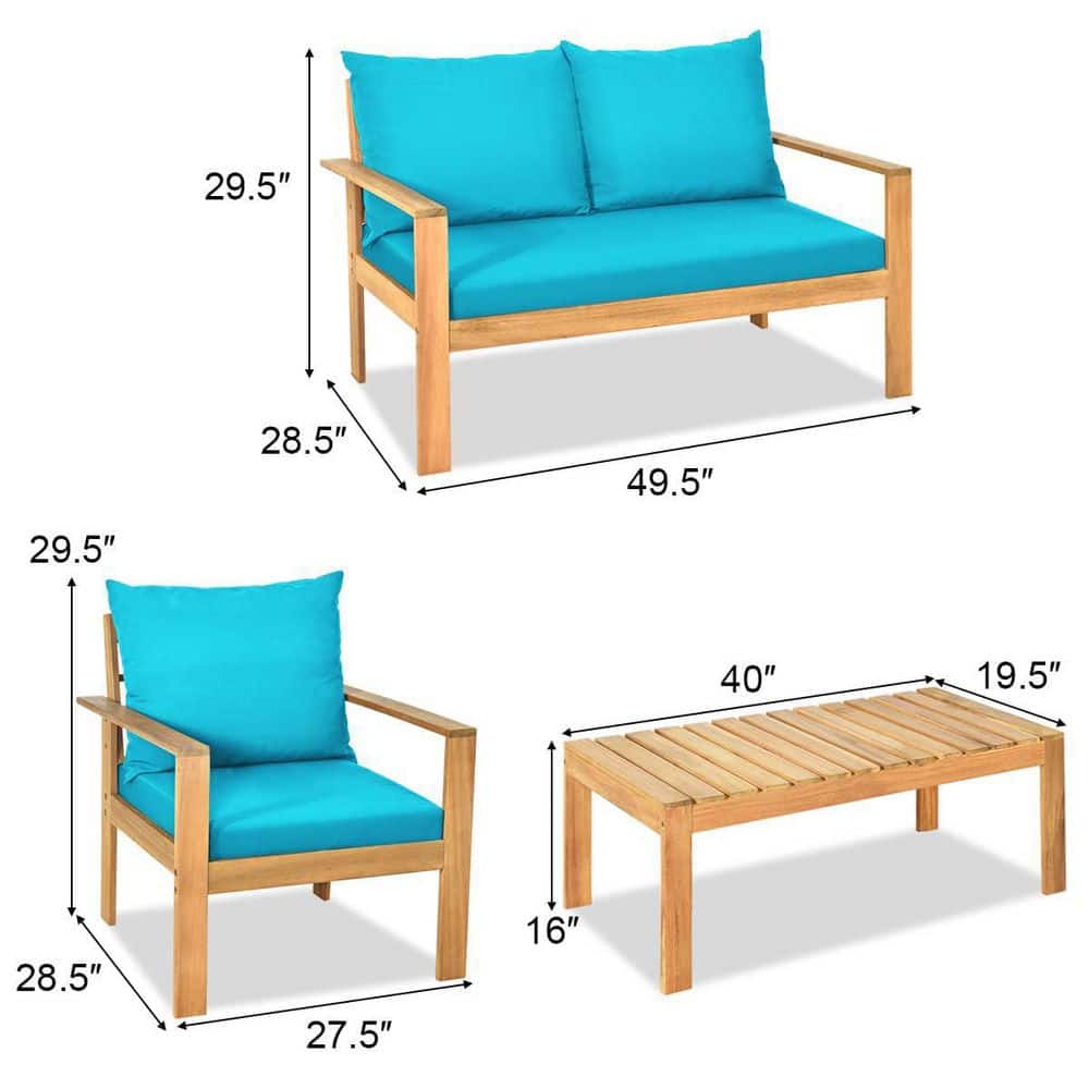 4-Piece Wood Outdoor Patio Conversation Seating Set with Turquoise Cushions