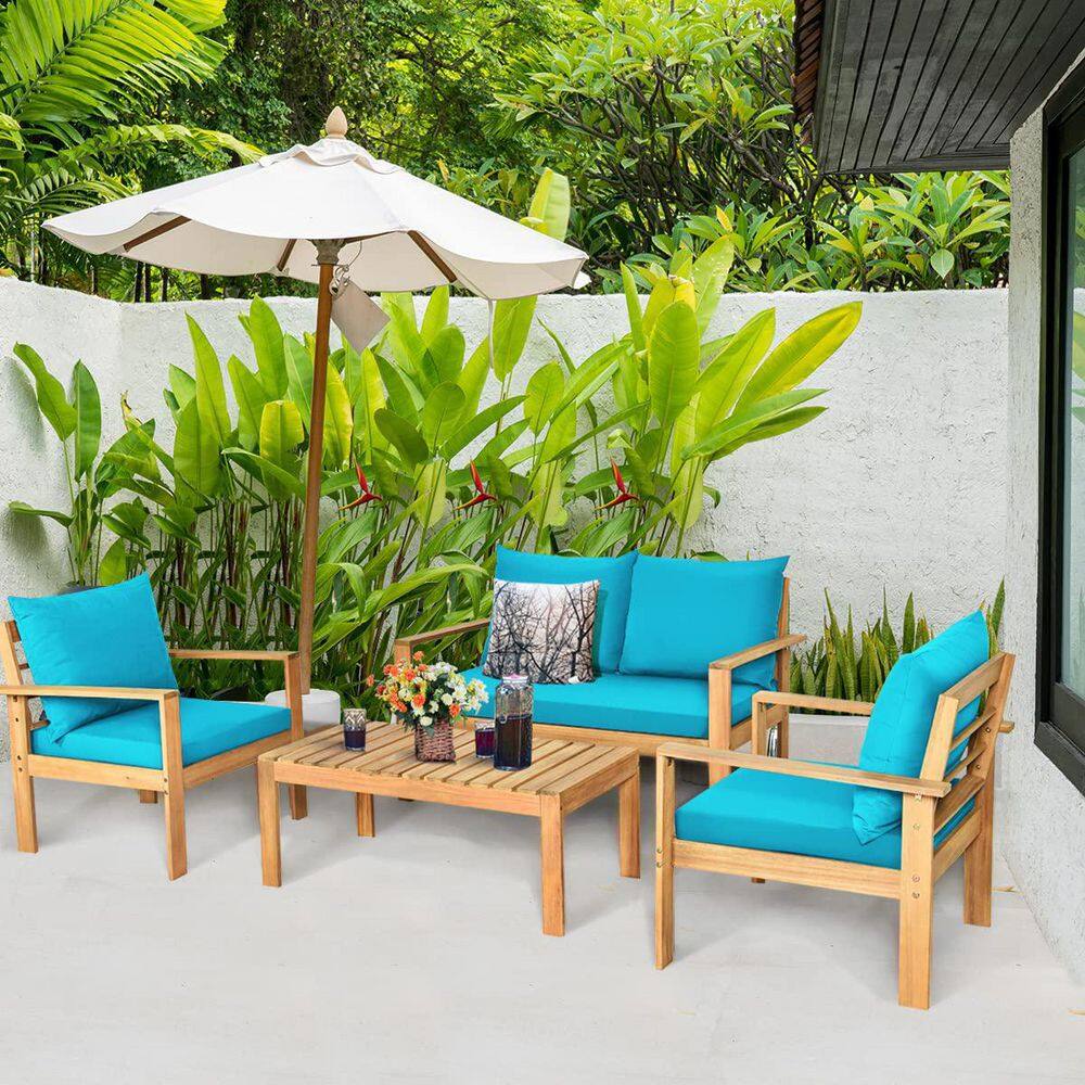 4-Piece Wood Outdoor Patio Conversation Seating Set with Turquoise Cushions
