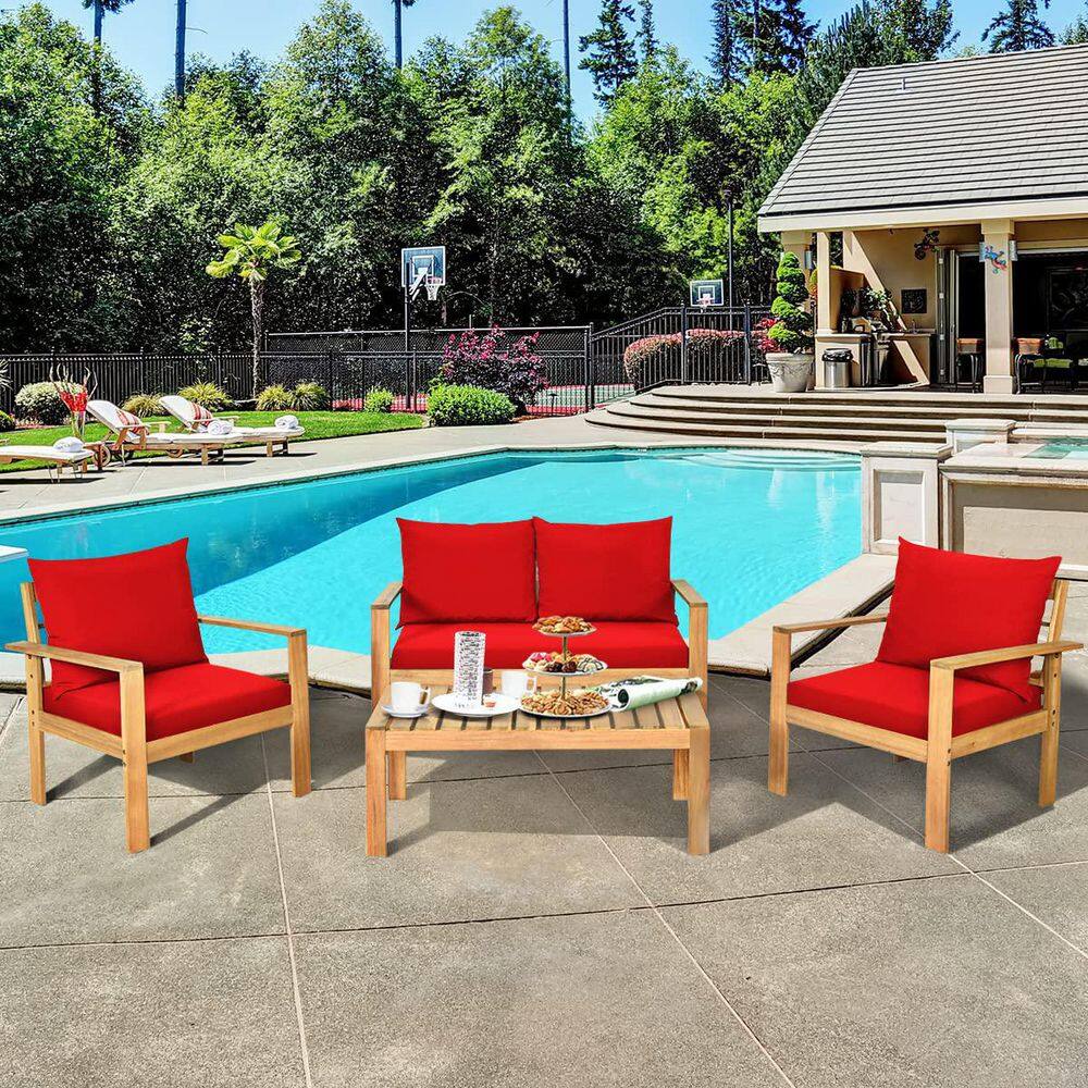 4-Piece Wood Outdoor Patio Conversation Seating Set with Red Cushions