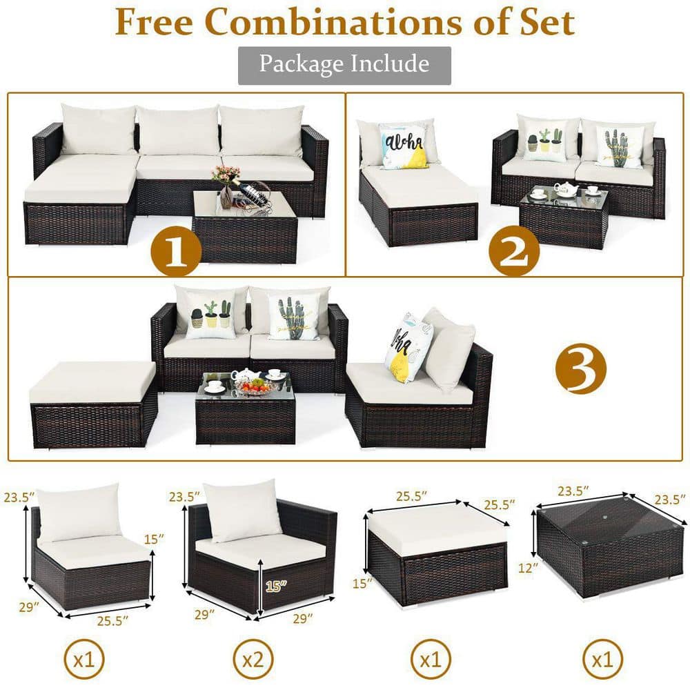 Brown 5-Piece Wicker Outdoor Patio Conversation Seating Set with White Cushions and Coffee Table