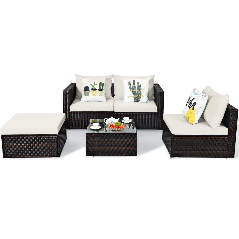 Brown 5-Piece Wicker Outdoor Patio Conversation Seating Set with White Cushions and Coffee Table