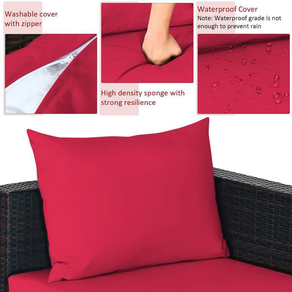 Brown 5-Piece Wicker Outdoor Patio Conversation Seating Set with Red Cushions and Coffee Table