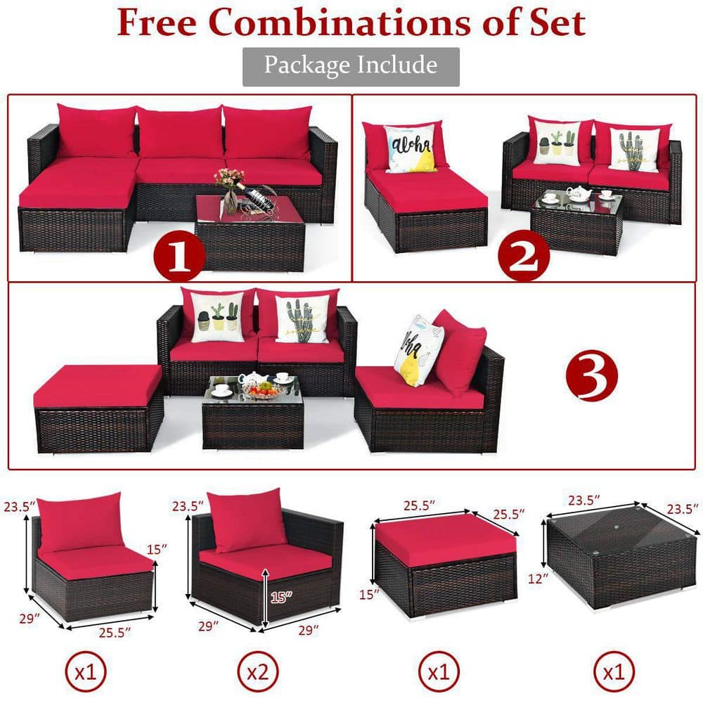 Brown 5-Piece Wicker Outdoor Patio Conversation Seating Set with Red Cushions and Coffee Table