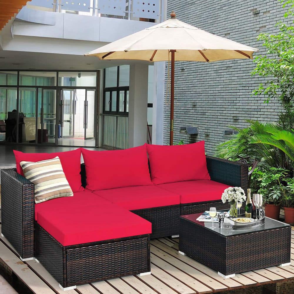 Brown 5-Piece Wicker Outdoor Patio Conversation Seating Set with Red Cushions and Coffee Table