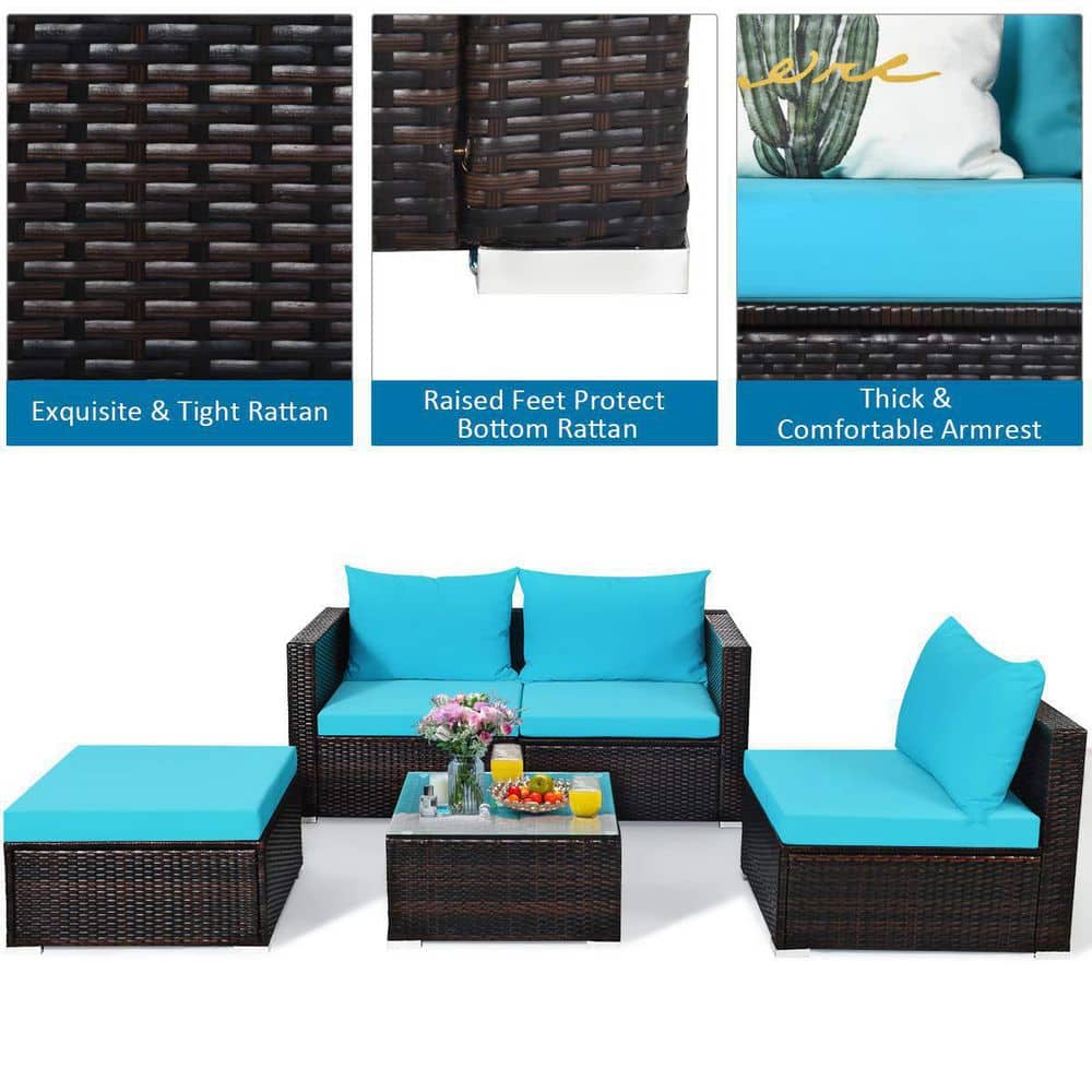 Brown 5-Piece Wicker Outdoor Patio Conversation Seating Set with Turquoise Cushions and Coffee Table