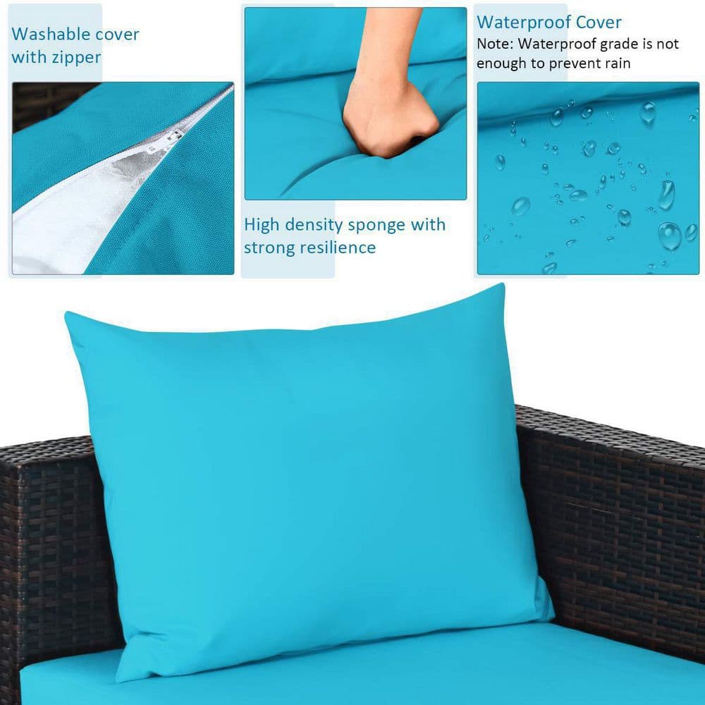 Brown 5-Piece Wicker Outdoor Patio Conversation Seating Set with Turquoise Cushions and Coffee Table
