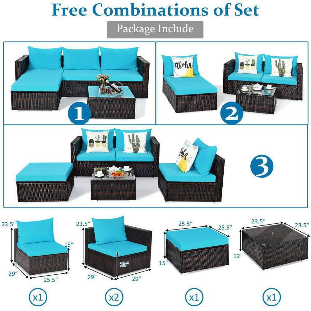 Brown 5-Piece Wicker Outdoor Patio Conversation Seating Set with Turquoise Cushions and Coffee Table