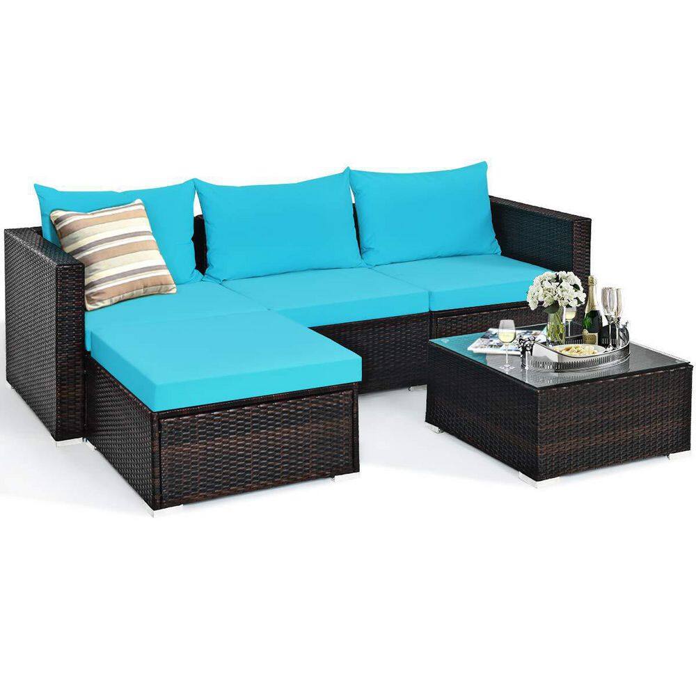 Brown 5-Piece Wicker Outdoor Patio Conversation Seating Set with Turquoise Cushions and Coffee Table