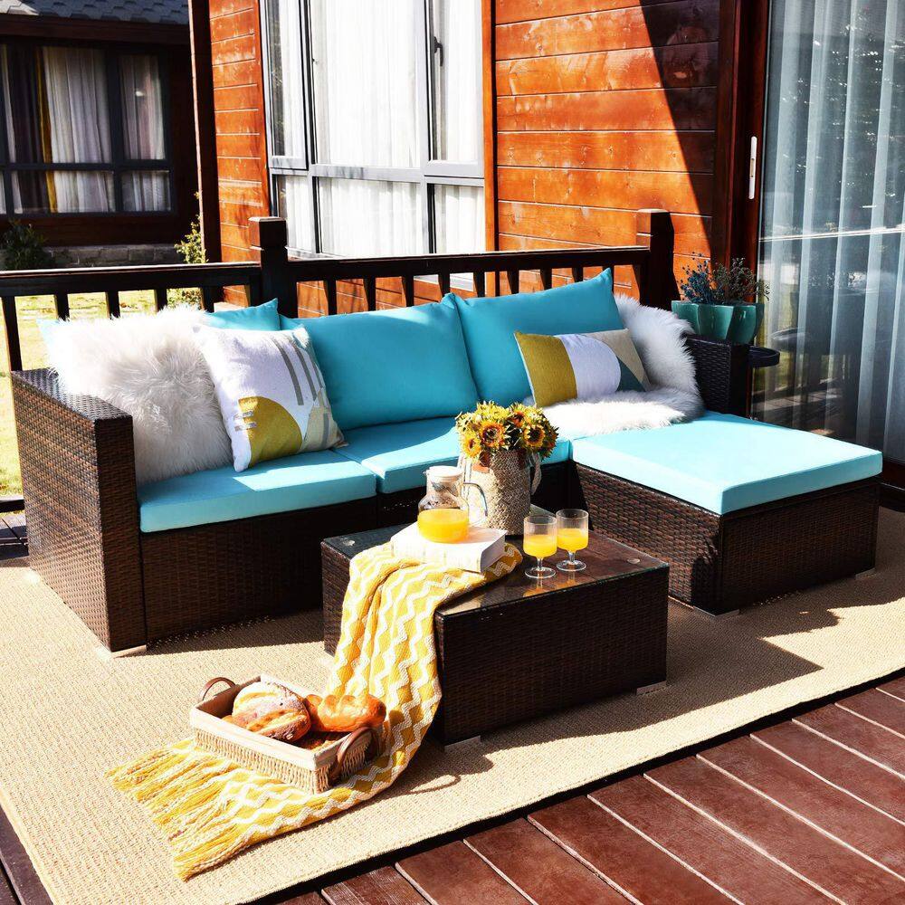 Brown 5-Piece Wicker Outdoor Patio Conversation Seating Set with Turquoise Cushions and Coffee Table