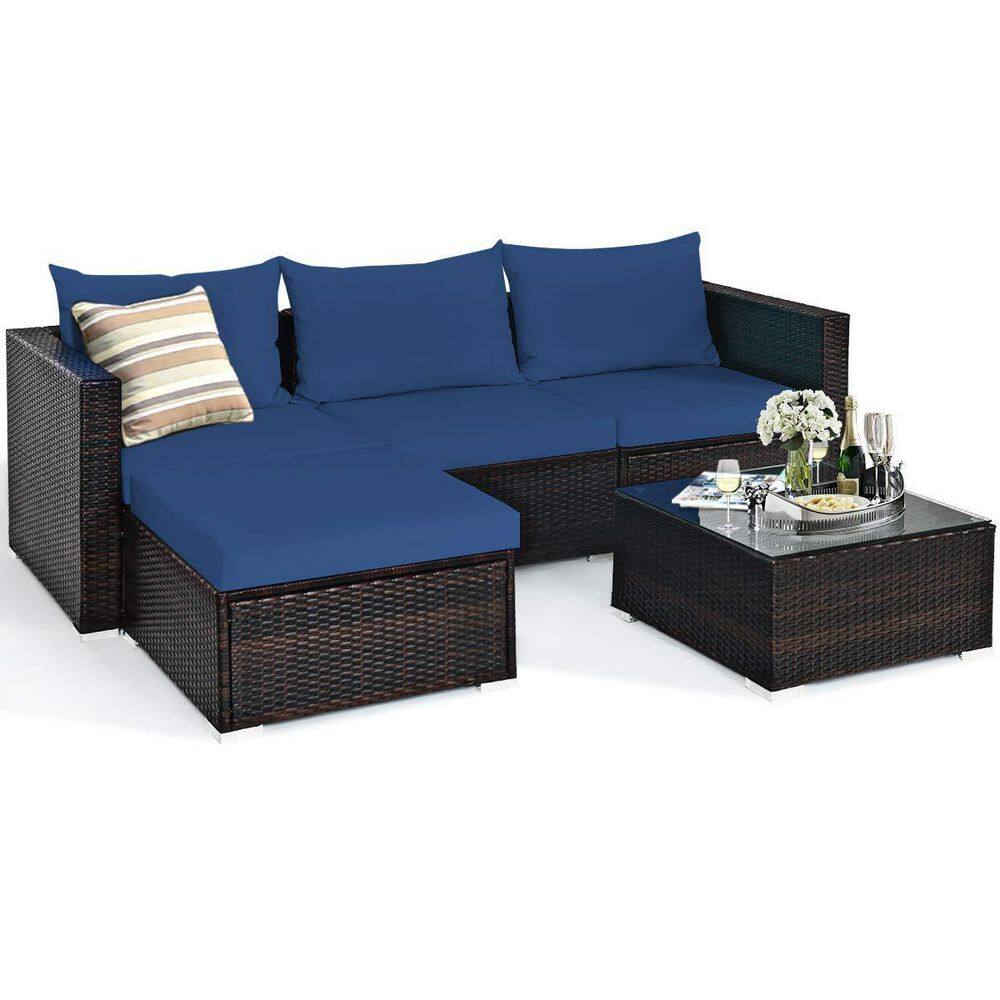 Brown 5-Piece Wicker Outdoor Patio Conversation Seating Set with Blue Cushions and Coffee Table