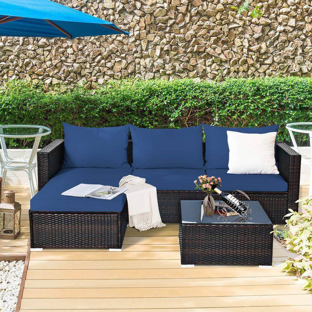 Brown 5-Piece Wicker Outdoor Patio Conversation Seating Set with Blue Cushions and Coffee Table
