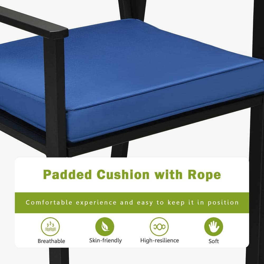 Black 5-Piece Metal Patio Outdoor Dining Set with Round Table and Blue Cushions