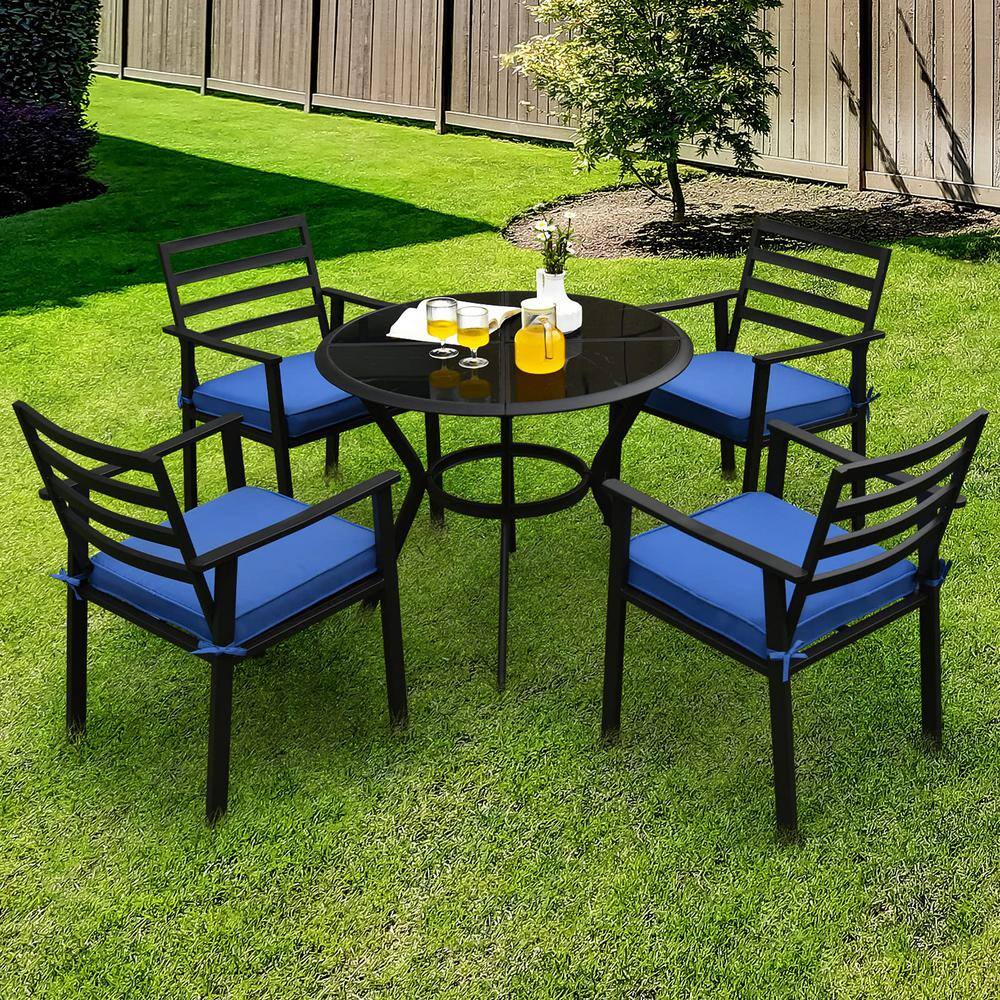 Black 5-Piece Metal Patio Outdoor Dining Set with Round Table and Blue Cushions