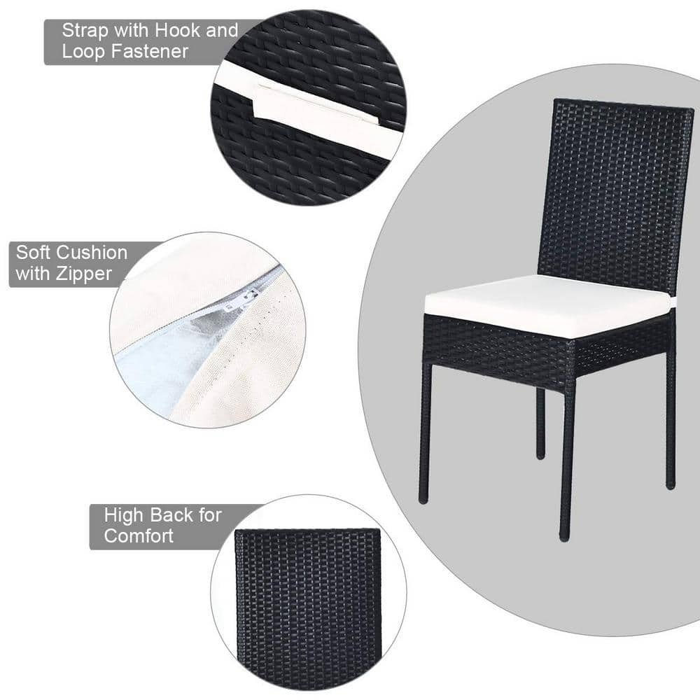 Black 5-Piece Wicker Outdoor Dining Set with Glass Table and Beige Cushions