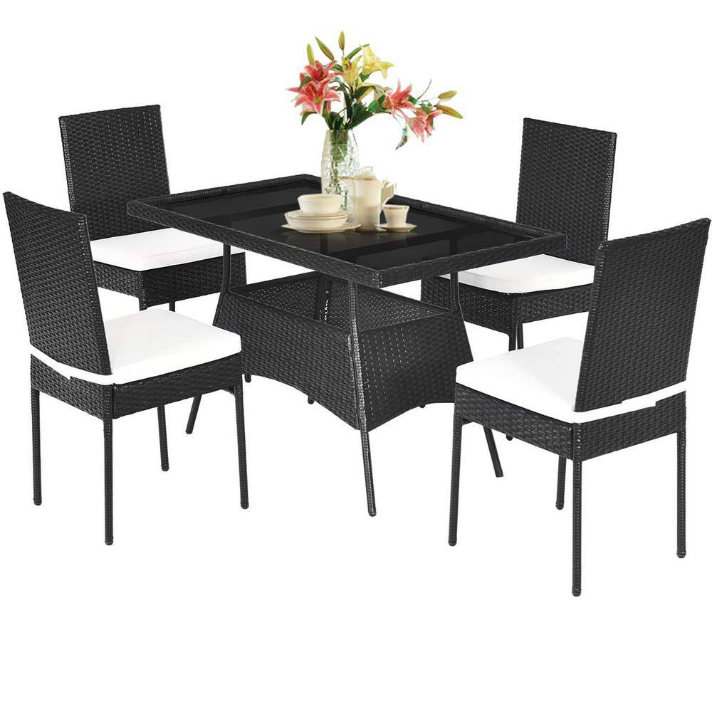 Black 5-Piece Wicker Outdoor Dining Set with Glass Table and Beige Cushions