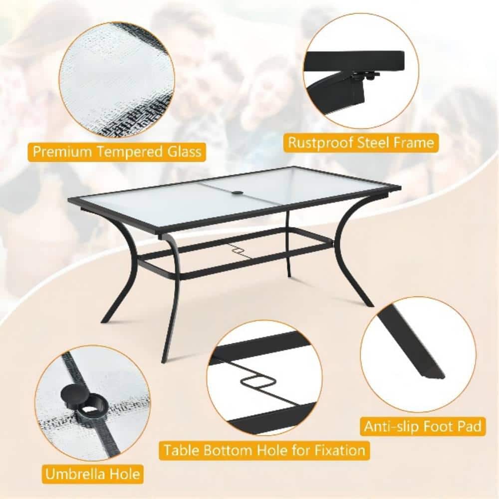 Mix and Match 66 in. x 38 in. Black Steel Rectangular Glass Top Outdoor Patio Dining Table