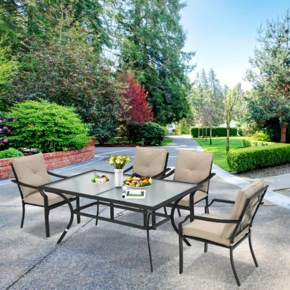Mix and Match 66 in. x 38 in. Black Steel Rectangular Glass Top Outdoor Patio Dining Table