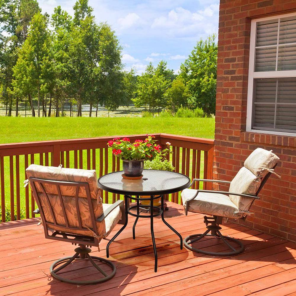 32 in. Black Round Metal Outdoor Dining Table with Umbrella Hole and Tempered Glass Top