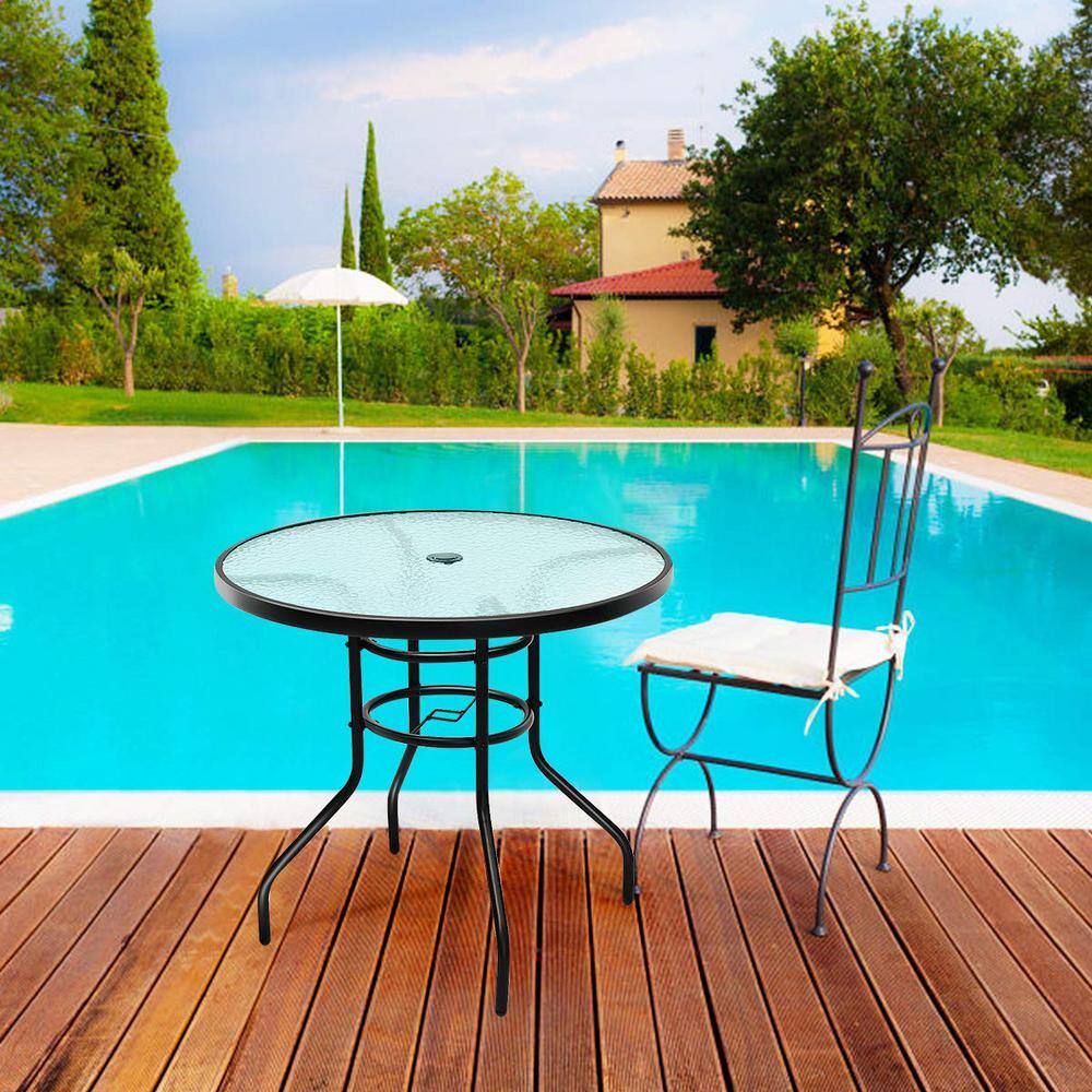 32 in. Black Round Metal Outdoor Dining Table with Umbrella Hole and Tempered Glass Top
