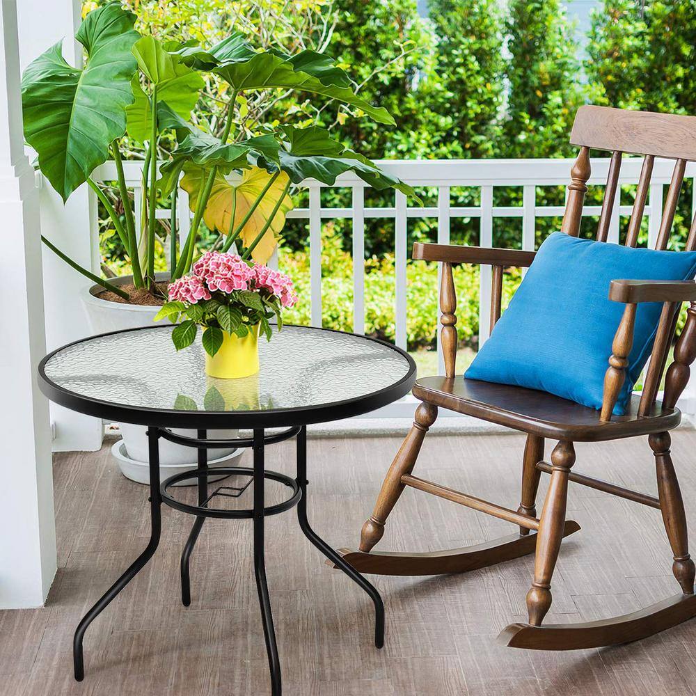 32 in. Black Round Metal Outdoor Dining Table with Umbrella Hole and Tempered Glass Top