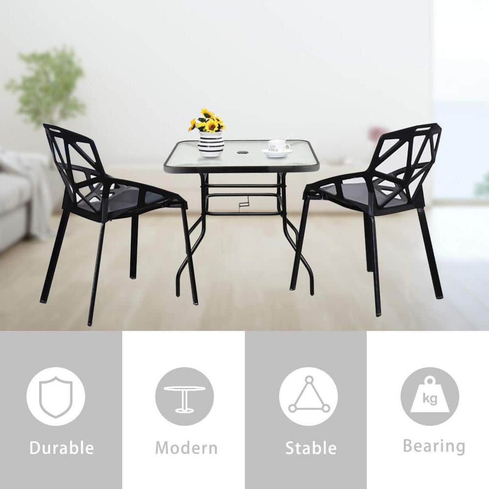 32 in. Black Square Metal Outdoor Dining Table with Umbrella Hole and Tempered Glass Top
