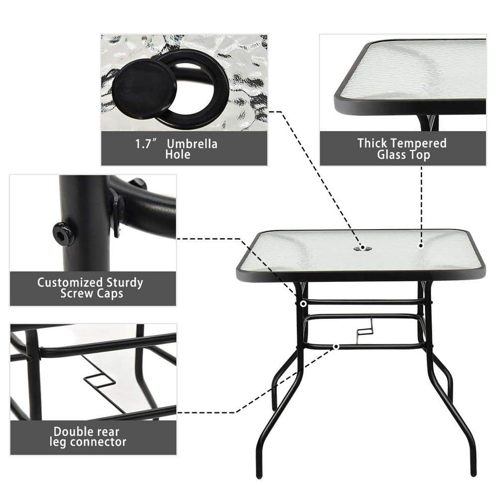 32 in. Black Square Metal Outdoor Dining Table with Umbrella Hole and Tempered Glass Top