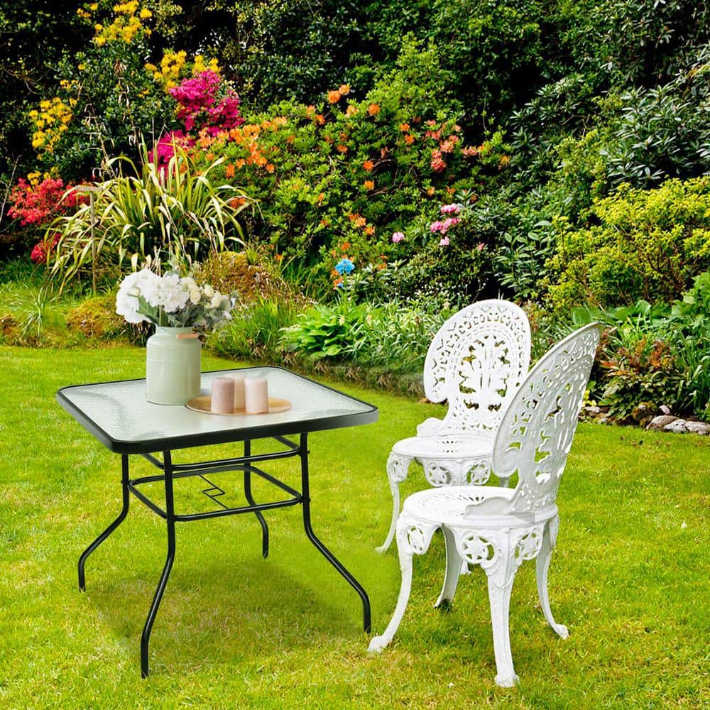 32 in. Black Square Metal Outdoor Dining Table with Umbrella Hole and Tempered Glass Top
