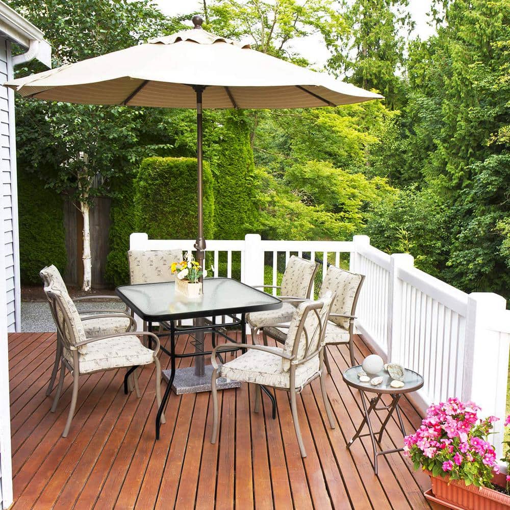 32 in. Black Square Metal Outdoor Dining Table with Umbrella Hole and Tempered Glass Top