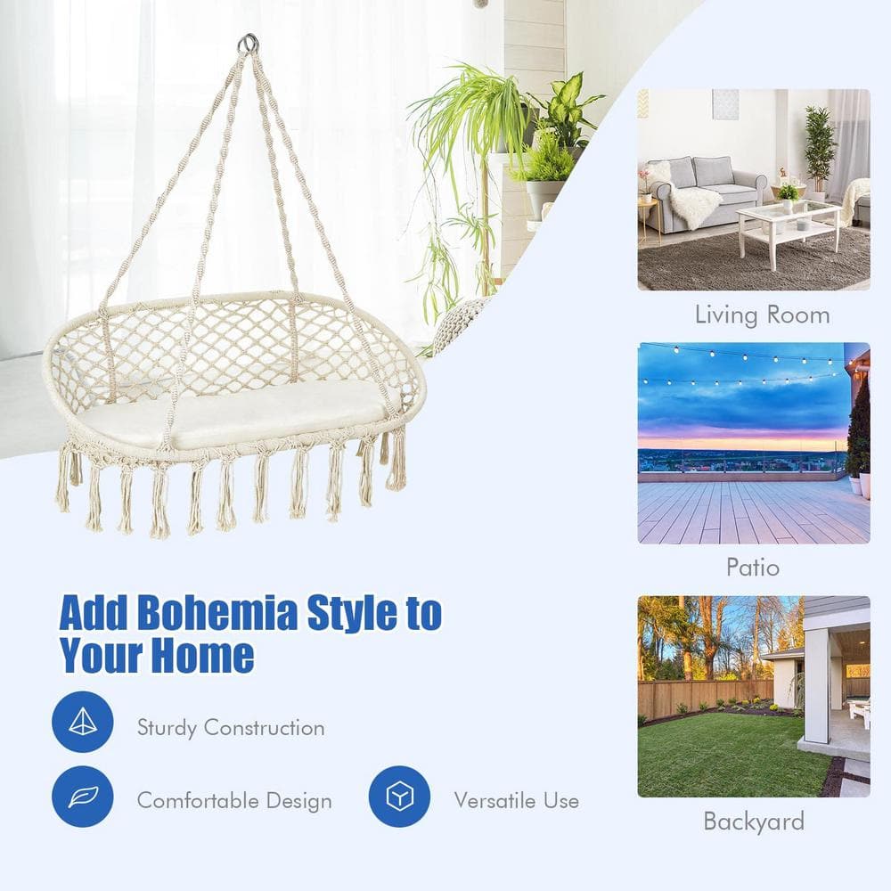 2-Person Steel Outdoor Patio Hanging Double Hammock Swing Chair with White Cushion