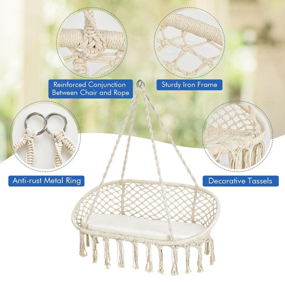 2-Person Steel Outdoor Patio Hanging Double Hammock Swing Chair with White Cushion