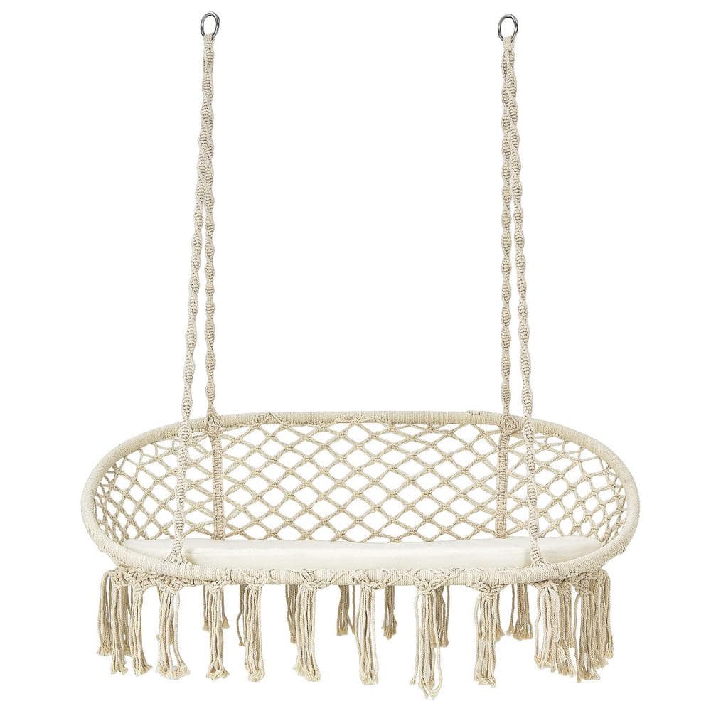 2-Person Steel Outdoor Patio Hanging Double Hammock Swing Chair with White Cushion